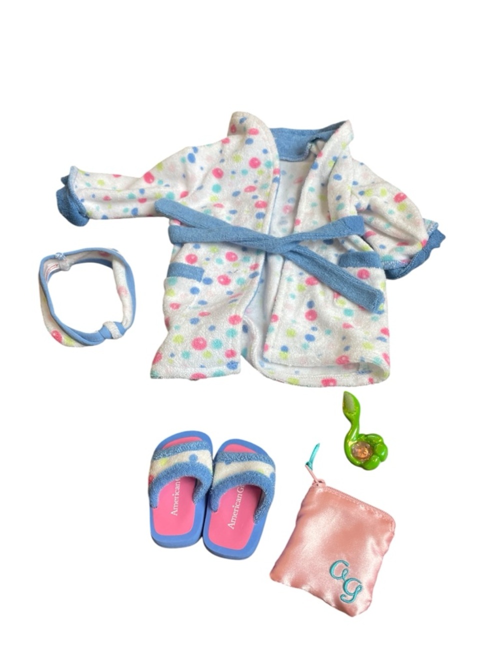 American Girl Doll Bubble Robe Outfit with Shoes, Bag and Headband for 18in Doll